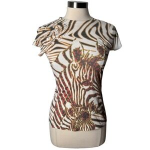 Vintage Y2K Cache Zebra Graphic T-Shirt Rhinestone Embellished Top Womens Small